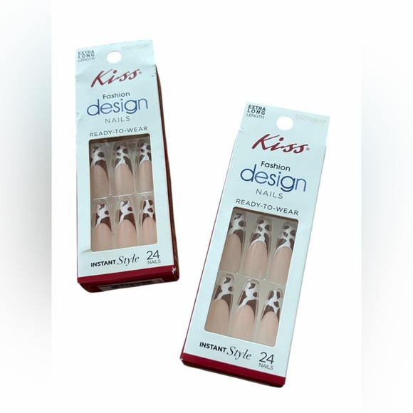 Kiss Other - 2 Pack KISS Glue On Nails Brown Cow Print French Tip Extra Long Coffin